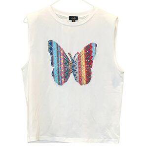 On Twelfth Emdroidered Beaded Striped Butterfly Sleeveless Tank Top White Small